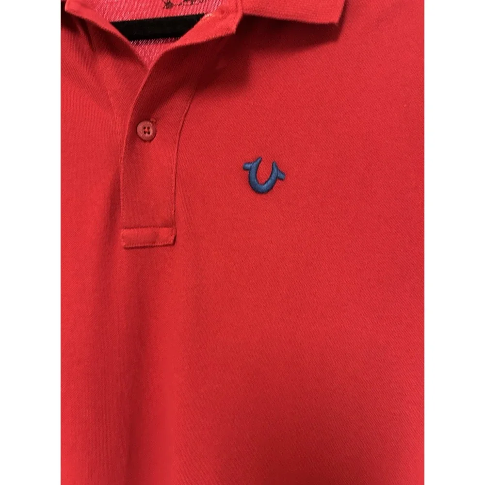 True Religion Mens Seasonal Polo Shirt Red Blue Horseshoe‎ Logo Cotton Medium